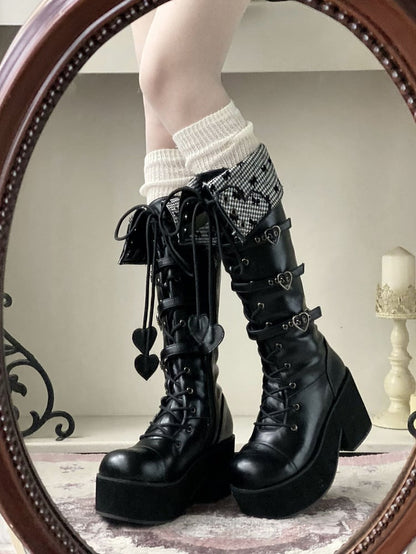 Heel Fold-over Cuff Block Black Platform Boots