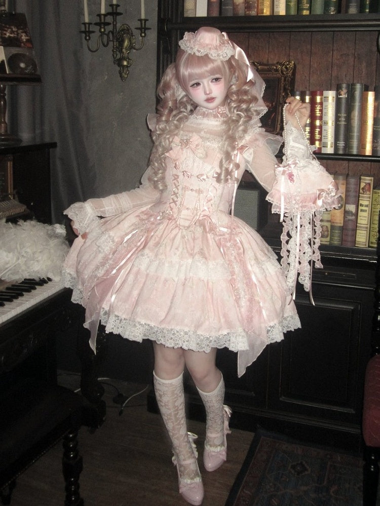 Pink Dress Princess and Jellyfish Lolita Button Jumper Blossom with Corset Accents Frog Print Pear Skirt