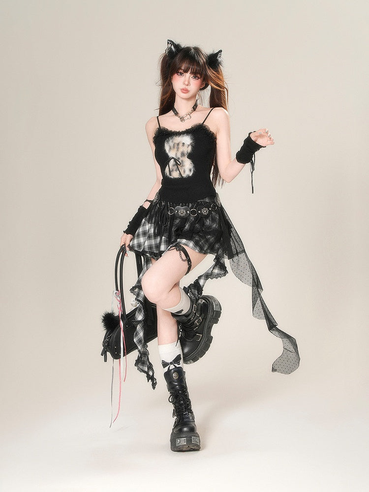 Ruffle Neckline Black/Gray Glamorous Plush Cami Top Leopard Animal