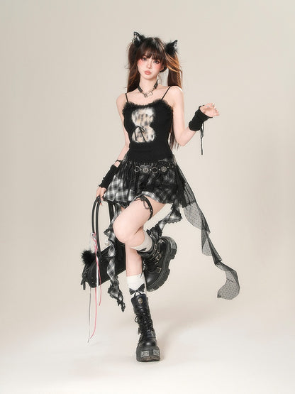 Ruffle Neckline Black/Gray Glamorous Plush Cami Top Leopard Animal