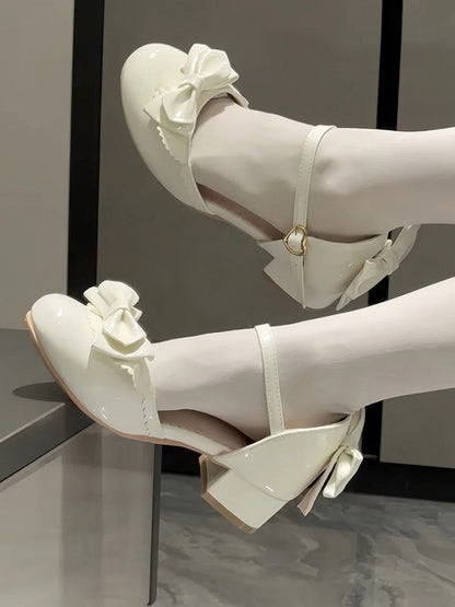 Lolita Sandals - Low PU with Bow Leather White Elegant Heel Accent