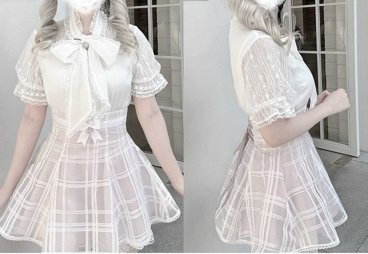 Plaid Organza Skirt with Lace-up Back Jirai Kei Pink