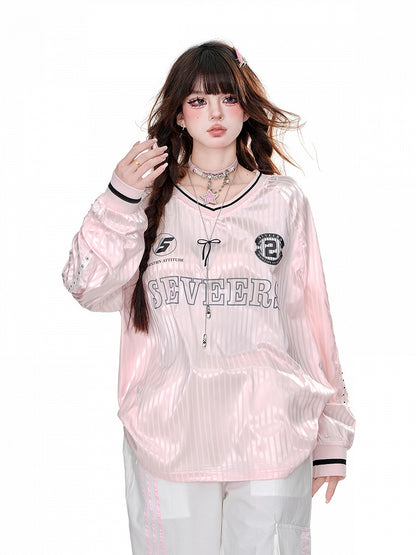 Loose V-Neck Sweatshirt Pink/Gray Striped Pattern