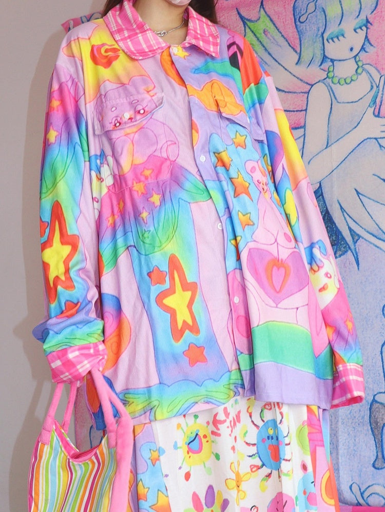 Cartoon Corduroy Print Y2K Shirt Colorful
