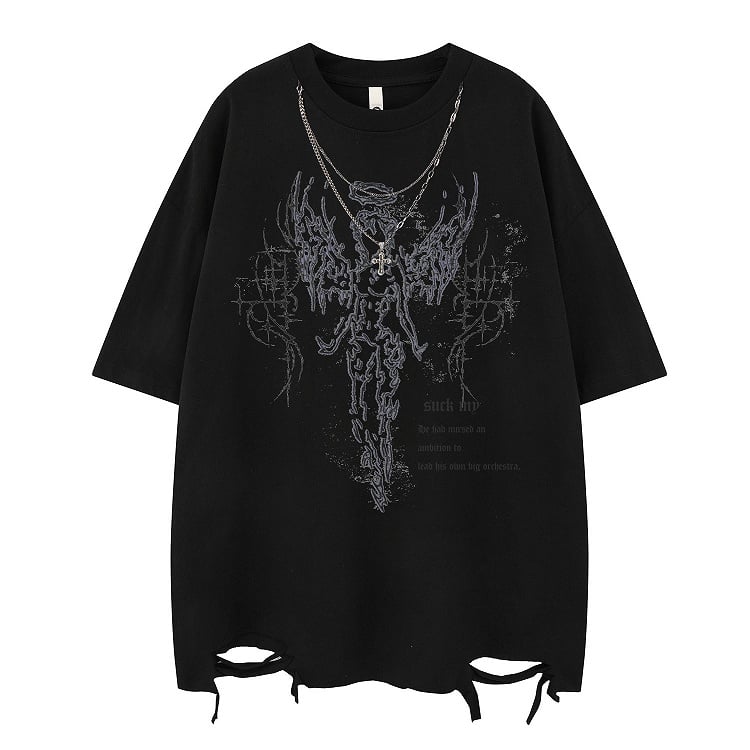 White/Black Distressed T-Shirt with Angelic Outline and Detachable Chain Cross