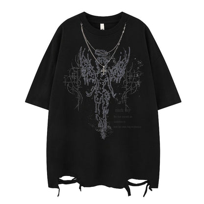 White/Black Distressed T-Shirt with Angelic Outline and Detachable Chain Cross