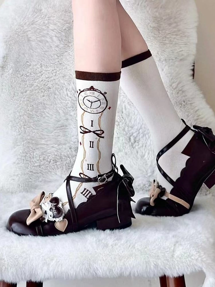 Wonderland Clock Socks Vibes Alice Lolita Calf In Print Brown
