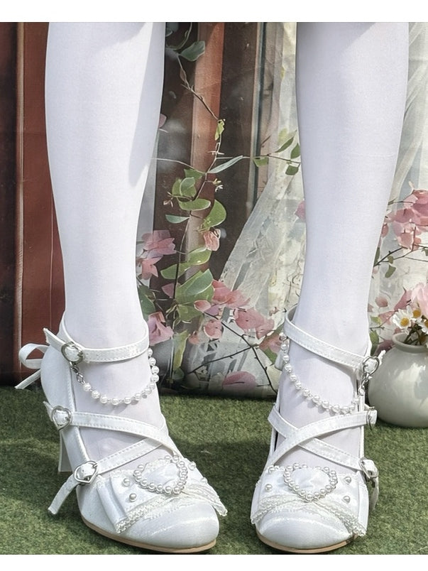White High Heel - 8cm Beaded with Style Lolita Shoes Decor