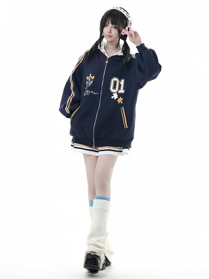 Dark Patch Style Blokette Core Zip-Up Shield Blue with | '01' Print Preppy Number Jacket