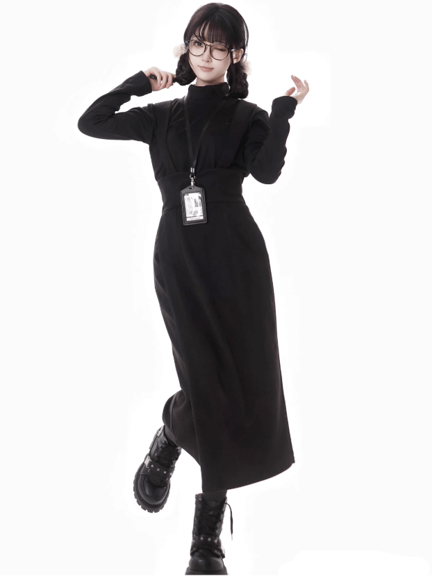 Black Detachable Shoulder Straps Overall Woolen Midi Skirt Asymmetrical Hem