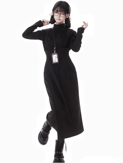 Black Detachable Shoulder Straps Overall Woolen Midi Skirt Asymmetrical Hem