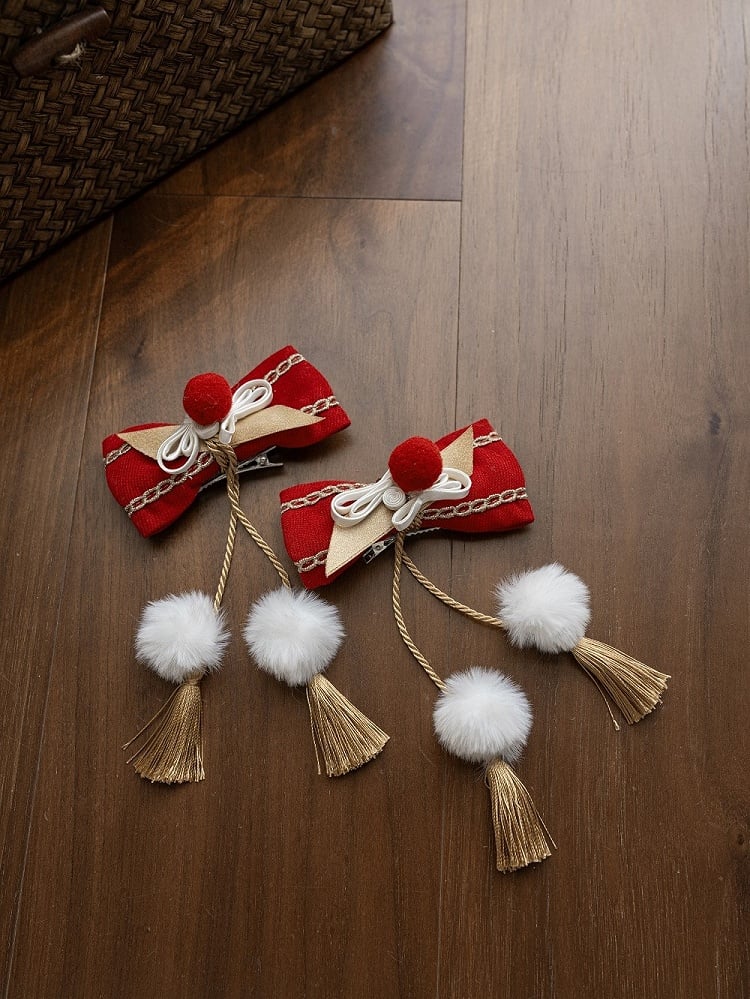 White Tassel Red with Hairclips Golden Bow Pom-Pom Accents and