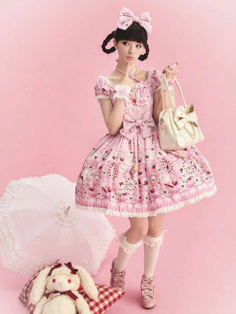 Cat Print Rose Sweet Lolita OP Dress with Removable Crisscross Halter Straps - Pastry Chef