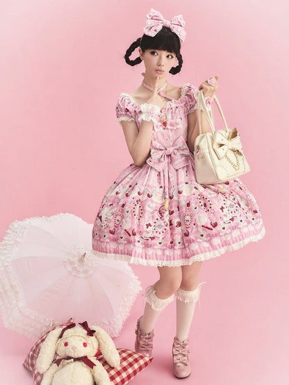 Cat Print Rose Sweet Lolita OP Dress with Removable Crisscross Halter Straps - Pastry Chef