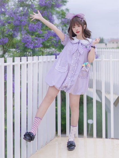 Light Purple Peter Pan Collar Puff Sleeve Grape Bubble Skirt Dress