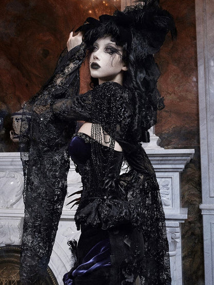 Chains Black Lace with Bead Shrug Sparkling Bell Sequins Sleeves and