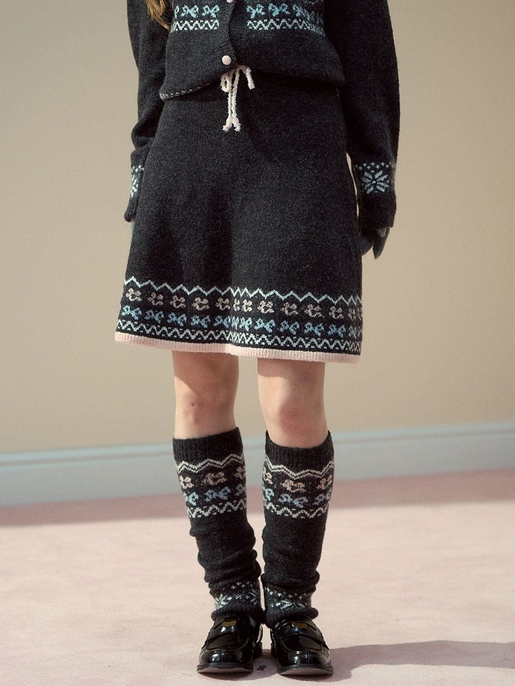 Design Knit Gray Kawaii Skirt with Cat Pattern Vintage Dark