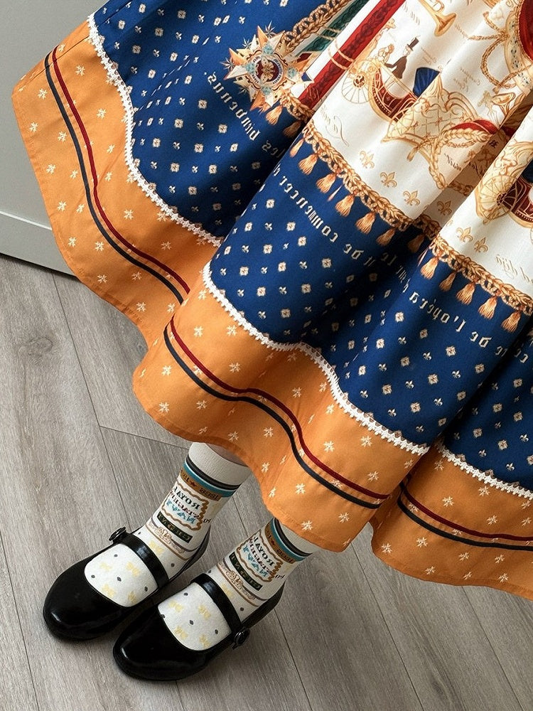 Dark Blue Musical Print Overall Dress with Detachable Straps - Crucis Universal Tailor Company
