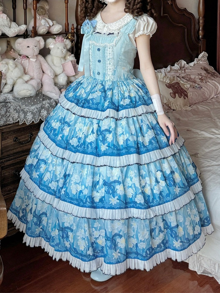 Blue Classic Lolita JSK Dress with Narcissus Print Hem - Flower Ferry Lolita