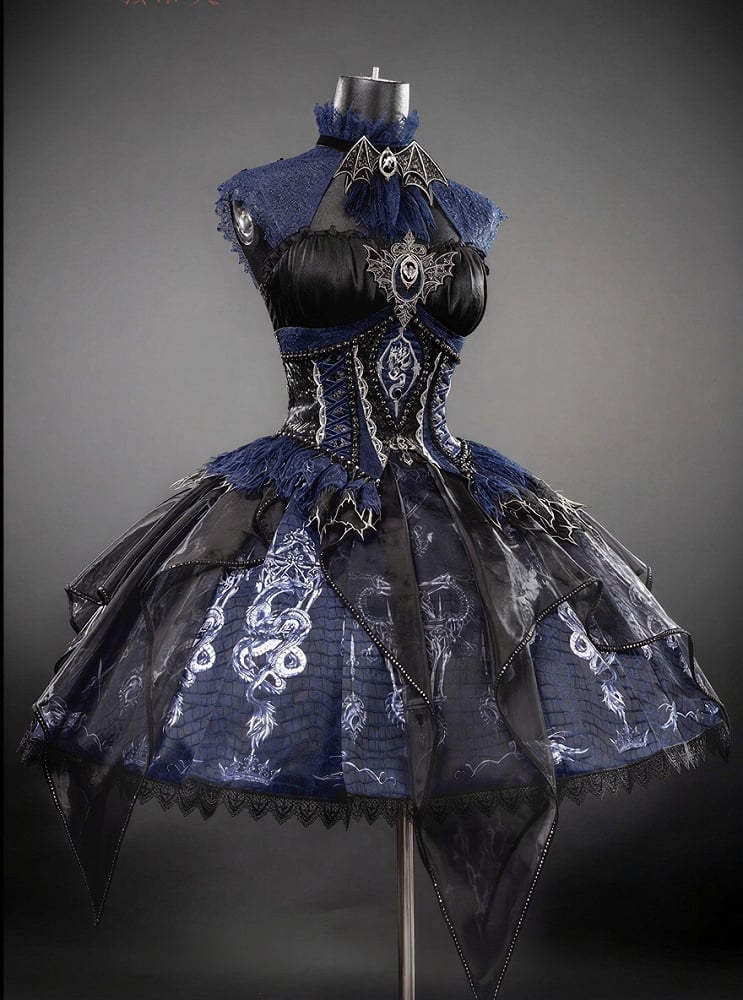 Black & Blue Bone Dragon Embroidery Halter Neck Gothic Lolita Dress Set - Ying Luo Fu