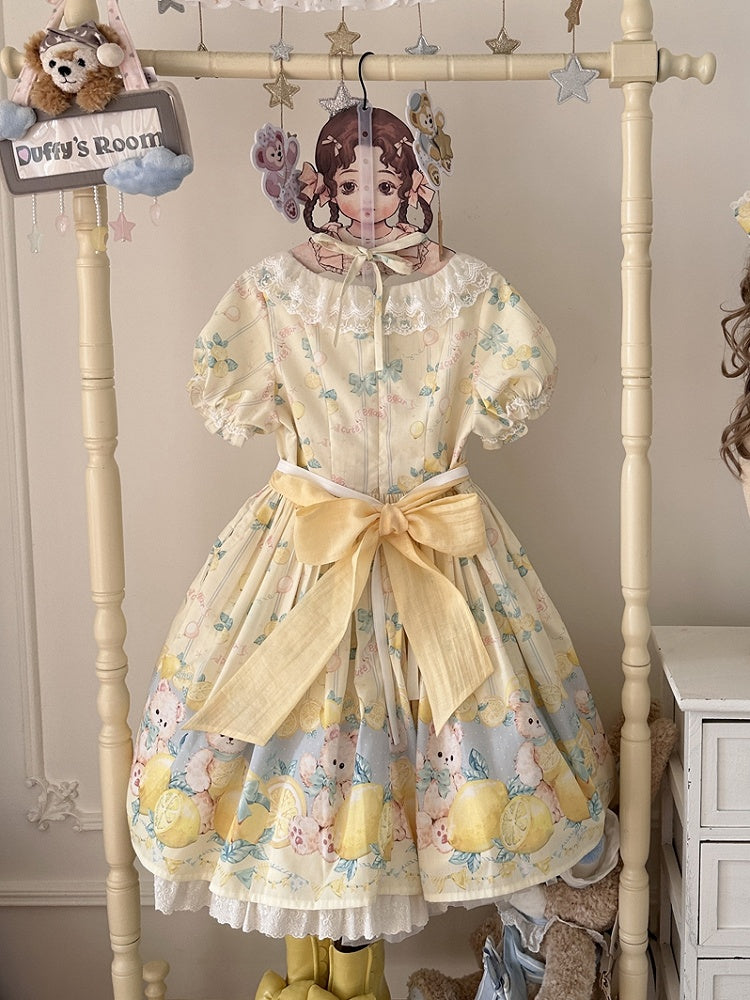 Lemon Yellow Lolita Sleeves Print Sweet Short Dress Teddy and