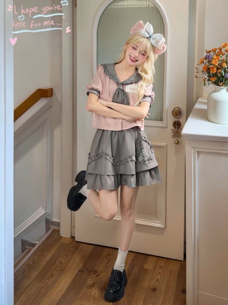 und graue Bluse Preppy Pink Rüschen Matrosenkragen Puffärmel Stil