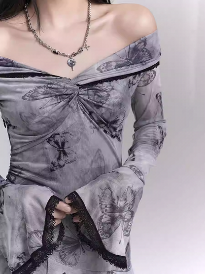 Purple/Dark Gray/Apricot Off-the-Shoulder Butterfly Print Twist Detail Dress