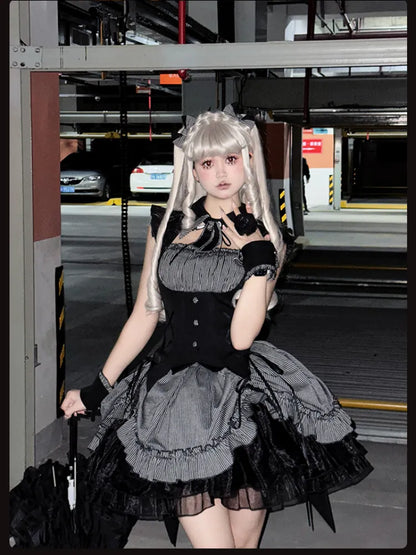 グレーと黒のボーンウエストドローストリングストライプ柄裾ハロウィンゴシックロリータドレス