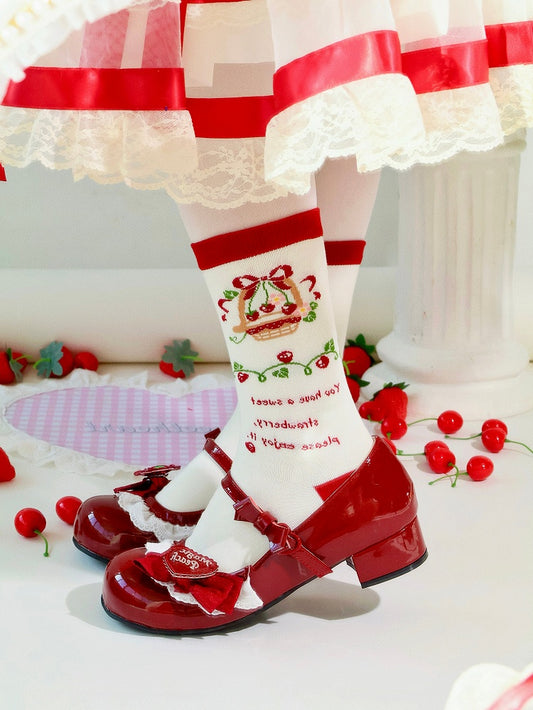 RedWhite and Pattern Cotton Socks Basket Flower Strawberry Lolita
