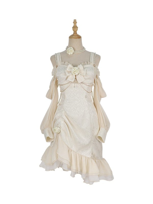 Lolita Mermaid Rose Hemline Ruffle Jacquard Ivory Decoration Detail Bead JSK