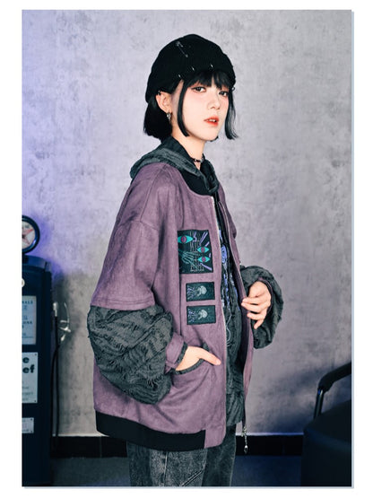 Gothic Gray with Sleeves Suede Jacket Distressed Faux Embroidery Bishop Purple Applique Baseball