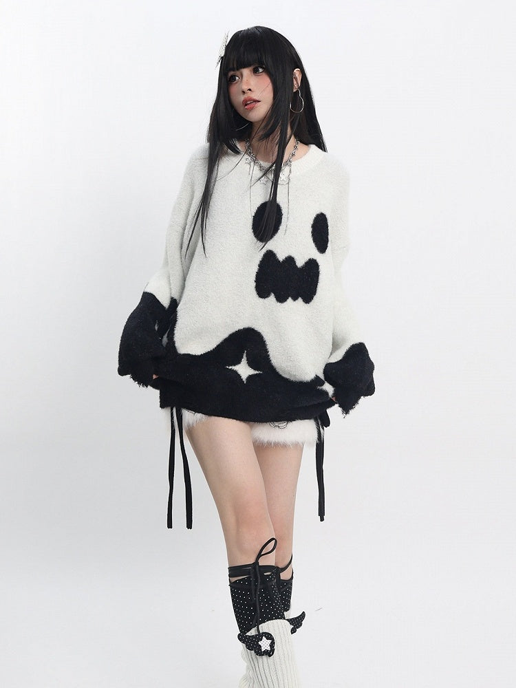 Oversized Ghost-Inspired Sweater in White & Black - Catwish