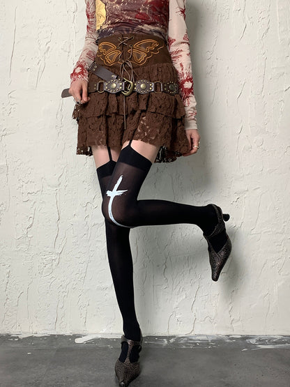 Stockings Suspender Print Cross Black Y2K