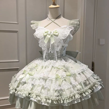 Lolita White Green Butterfly JSK Short Dress – Fairy Princess Birthday Gown