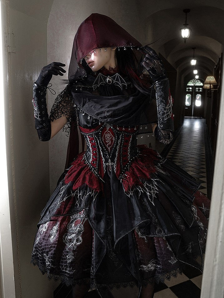 Black & Red Bone Dragon Embroidery Halter Neck Gothic Lolita Dress Set - Ying Luo Fu
