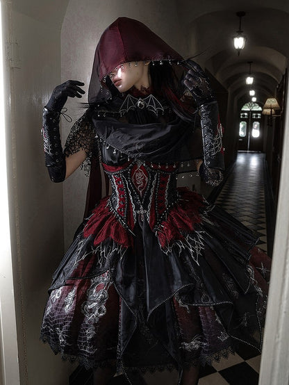Black & Red Bone Dragon Embroidery Halter Neck Gothic Lolita Dress Set - Ying Luo Fu
