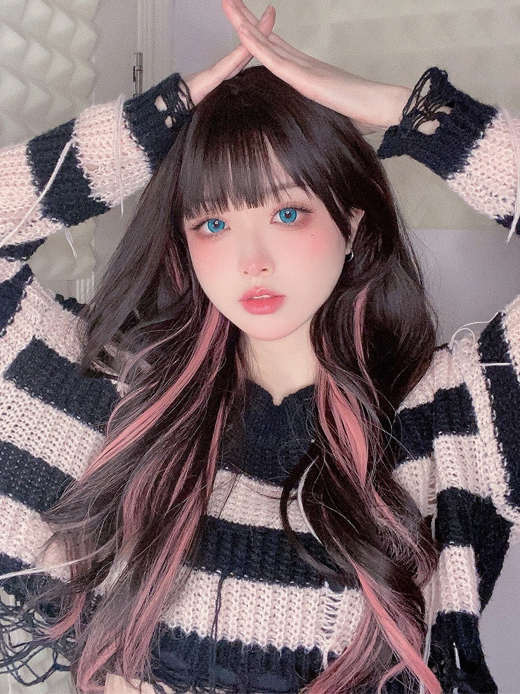 Air Wig Black Highlight And With 65CM Pink Wavy Bangs