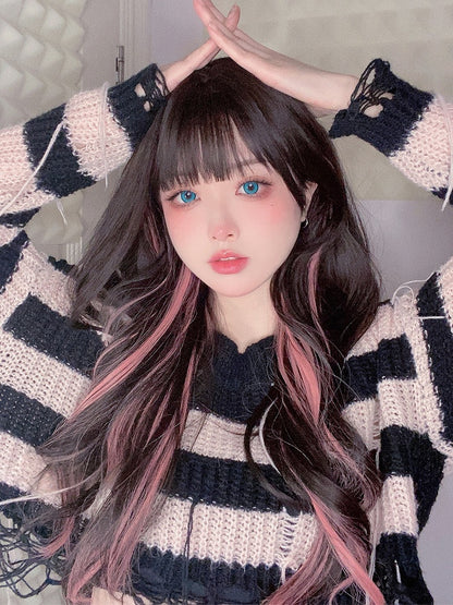 Air Wig Black Highlight And With 65CM Pink Wavy Bangs