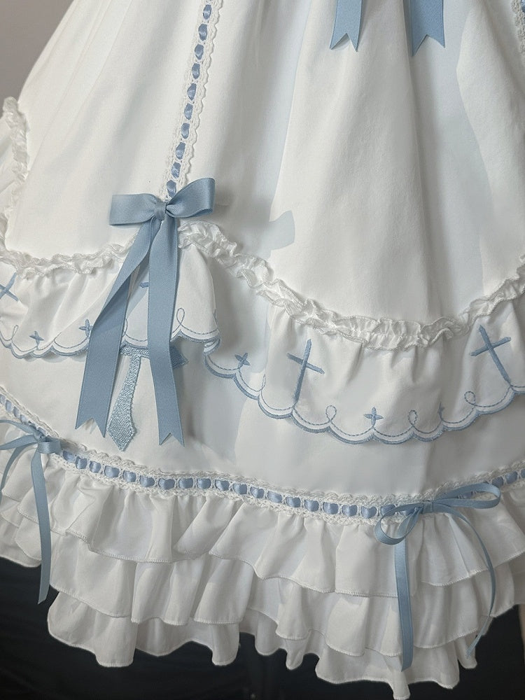 Short Sleeve Sweet Lolita OP with Bow Accent & Ruffle Details in Blue & White - MUYU