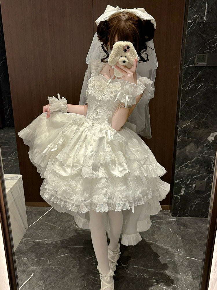 Blooming Layered Jacquard Hime Lolita Dress – Basque Waist with Lace & Fluffy Flower Accents | Sheer Ocean