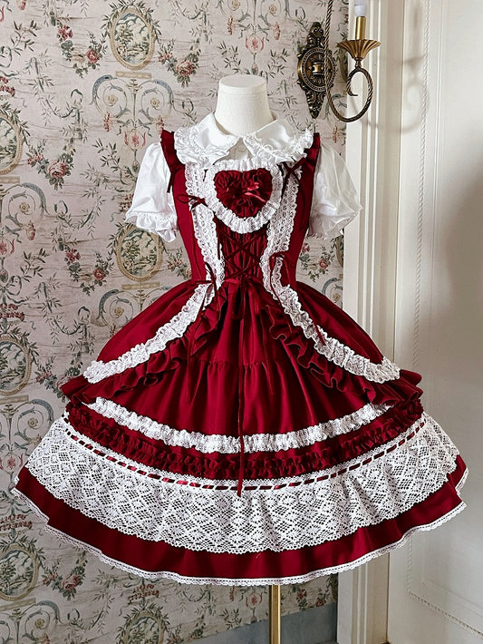 取り外し可能なスクールパッド入りハートジャンパー、古いロリータスカート、赤いドレスボディス