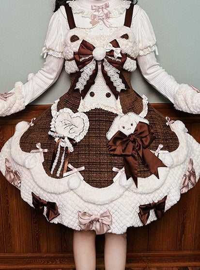 Applikationen Süßes Plüsch Herzchen und Akzente mit Braunen Details Schleife Kleid Lolita Weiß