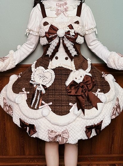 with Top Beige Sleeves Bows Knitted Long Pom-poms and