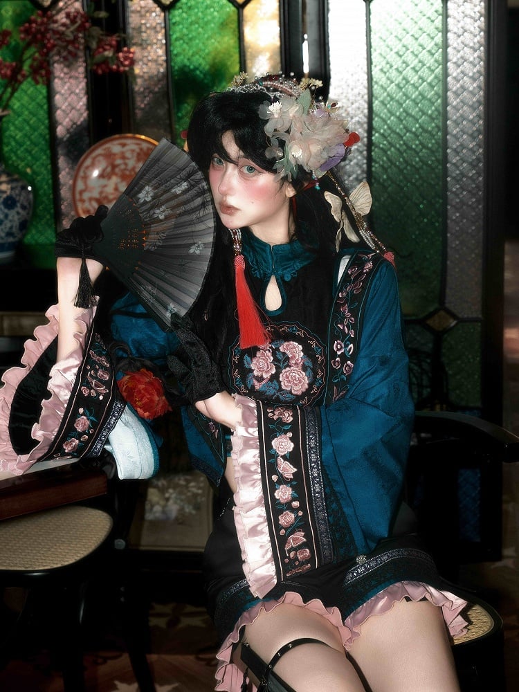 Sleeves Sleeveless Ouji Lolita Floral Chinoiserie + - Cropped Long Outfit Embroidery Shorts Style Top