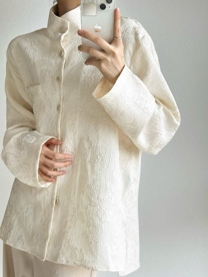 Mandarin Floral Embroidery Shirt Long-Sleeve Collar with Lolita Apricot Ouji