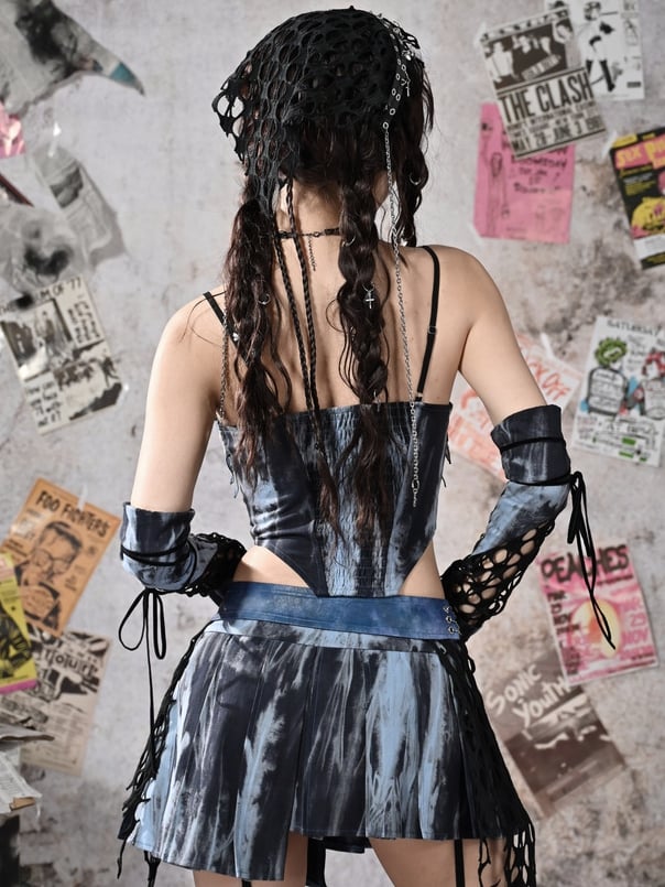 Grunge Punk Rock Fee Blau Spitze Wasserfallausschnitt Korsett mit Knochen Tie Dye Cami Top