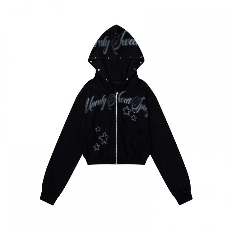 Autumn for Black Letter and Star Print Zip-up Hoodie