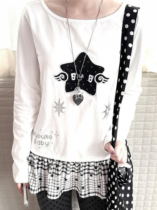 Design Long Daily with Star White Appliques Sleeve Top Kawaii Patchwork