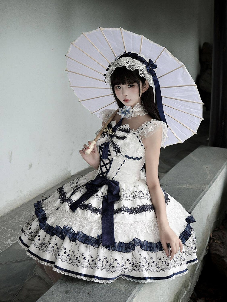 Blue and White Porcelain Corset Waist Lolita JSK Dress with Tassel Bows - Miss Han