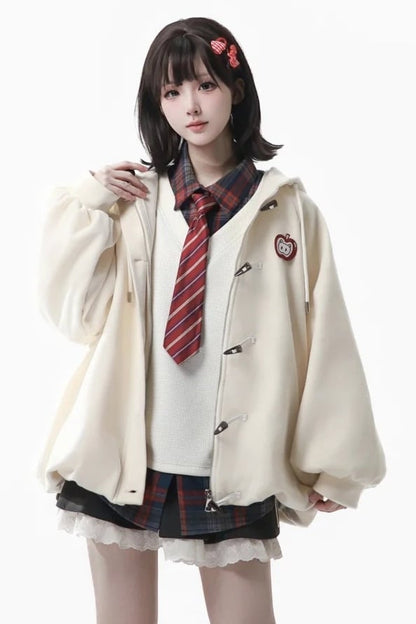 White Sweatshirt with Two-piece Apple Brooch